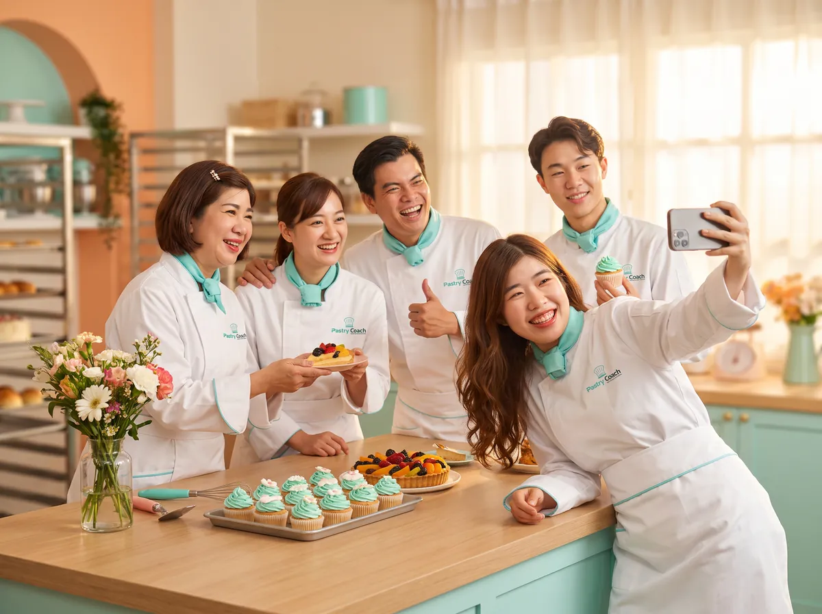 Các học viên Pastry Coach trong áo chef cùng chụp ảnh selfie và chia nhau bánh vừa làm