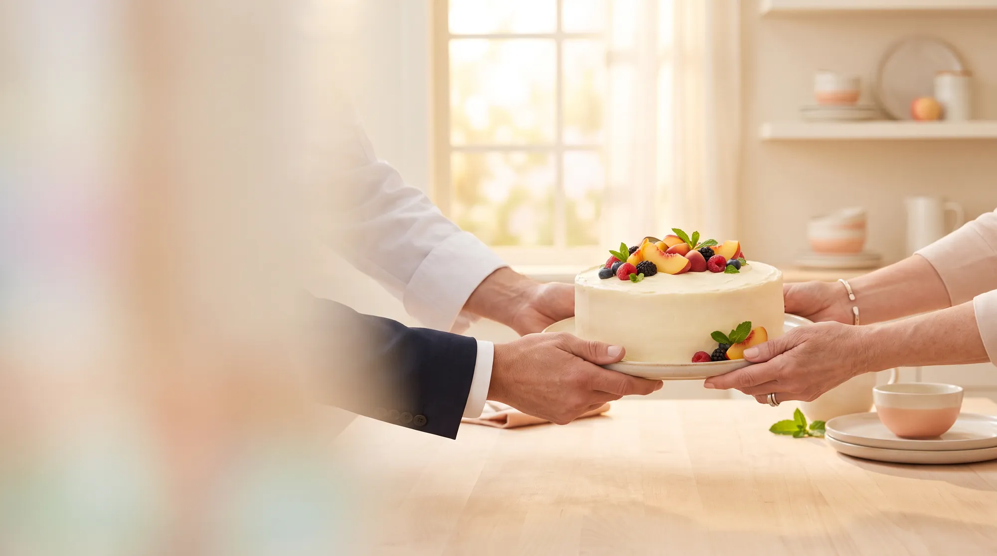 Nhiều bàn tay cùng trao một chiếc bánh — biểu tượng của sự đồng hành