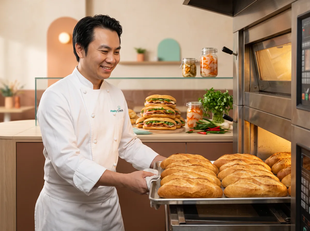 Thầy Mocha Lê lấy khay bánh mì Việt Nam vàng giòn ra khỏi lò
